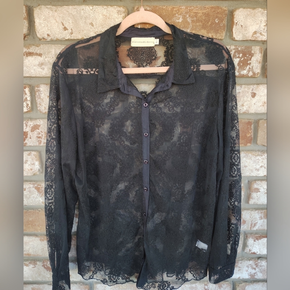 4 Love And Liberty Johnny Was Women's Sheer Black Lace Button Down Shirt L Goth